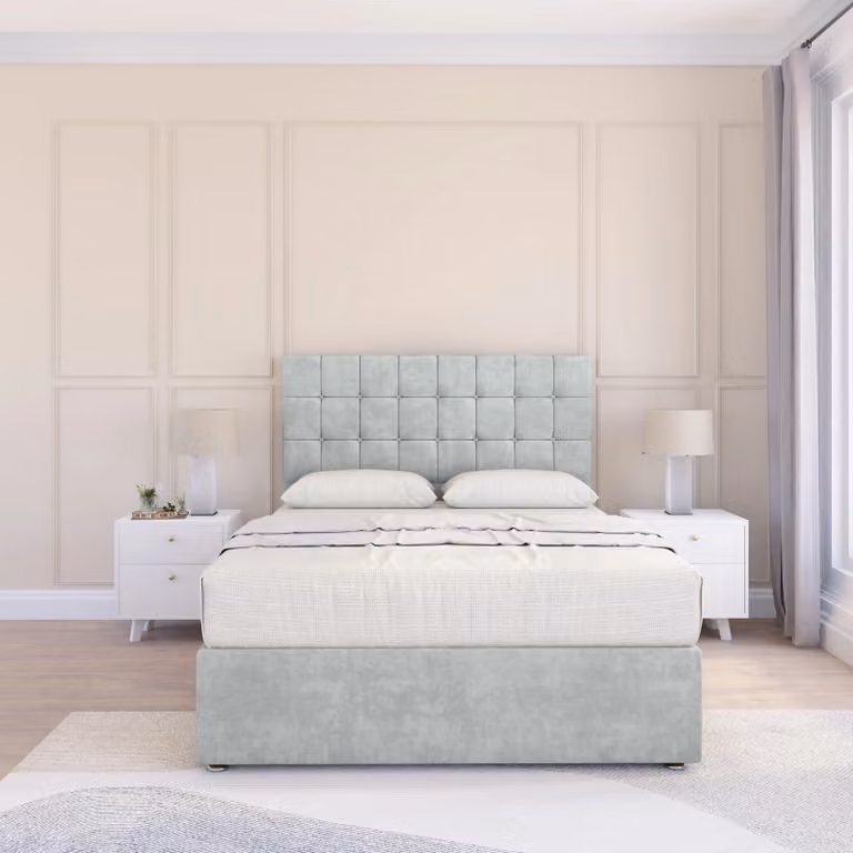 Sloomy Alabama Small Double Divan Bed Base with Floor Standing Headboard in Silver Velvet Fabric, W/D/H: 120 x 200 cm