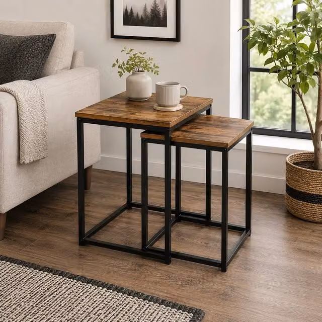 SPOT ON DEALZ Square Nest of 2 Tables with Black Metal Frame and Oak Wood Effect Tops, W/D/H: 50 x 40 x 40 cm and 40 x 40 x 40 cm – 2