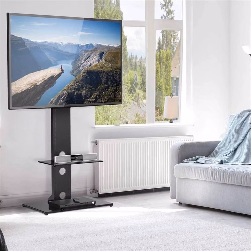 Nordara Black Metal Floor TV Stand with Mount and 2-Tier Storage Shelves, W/D/H: 132 x 40 x 40 cm – 4