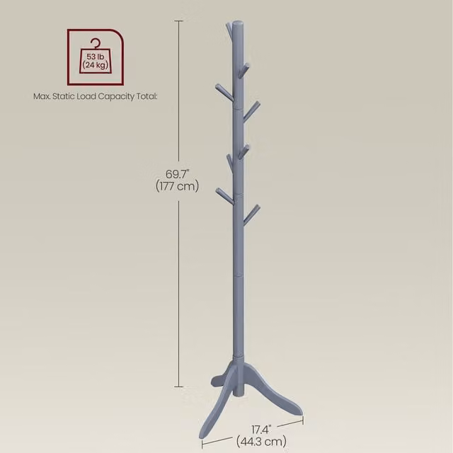 VASAGLE Solid Wood Tripod Coat Rack with 8 Hooks in Grey, Height: 177 cm