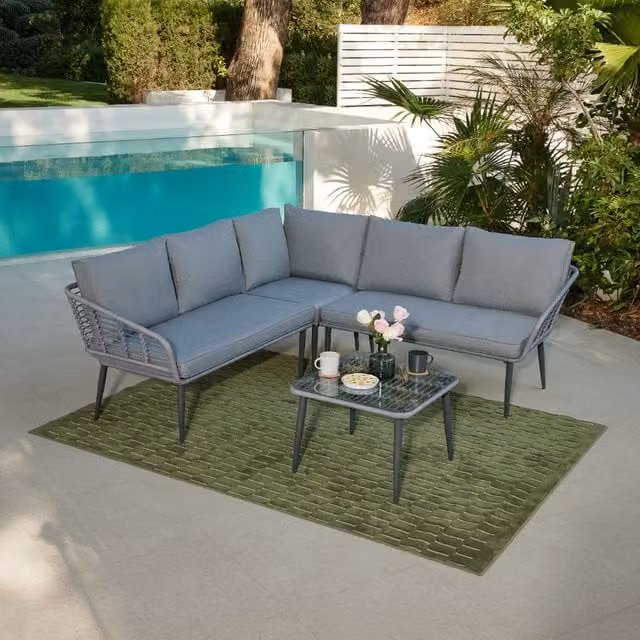 GRS Karnak Grey Rattan Wicker Garden Corner Sofa Set with Metal and Glass Details