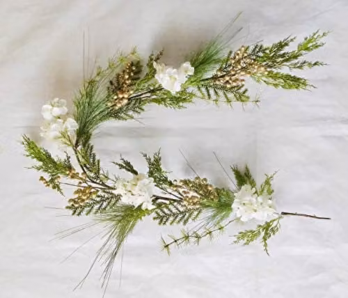 Shatchi Christmas Garland with Green Leaves, Golden Berries and White Hydrangea Flowers, 1.5 m