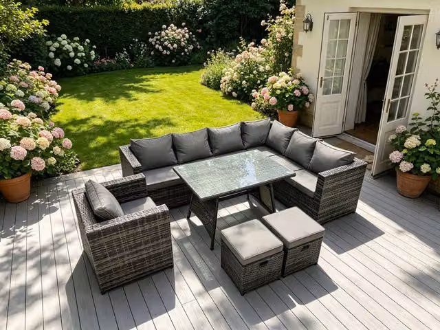 Fimous 9 Seater Grey Rattan Corner Sofa Set with Dining Table, Armchairs and Footrests for Garden and Outdoor Use – 2