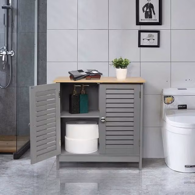 FORGEVIO Modern Two-Door Bathroom Cabinet with Internal Shelves in Grey and Multicolour – 1