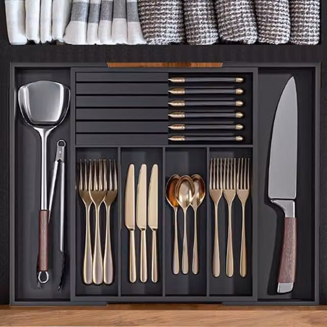 MantraRaj Extendable Bamboo Cutlery Tray Organiser with 7 Compartments, Black