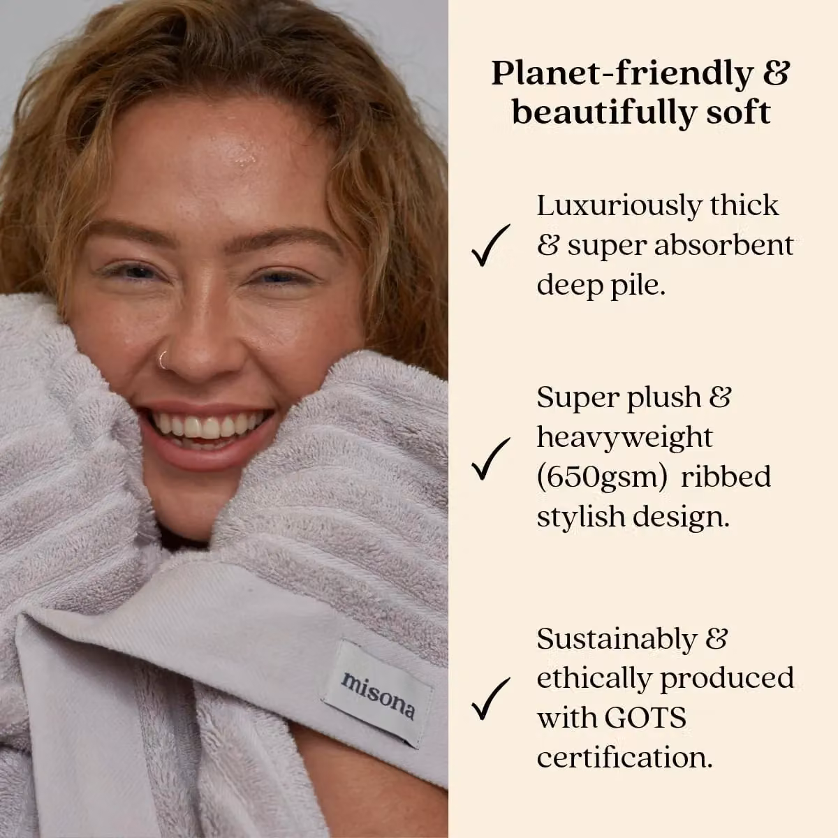 Misona Pack of 2 Luxury Ribbed Hand Towels in Grey, 650GSM 100% GOTS Organic Cotton, W/D/H: 50 x 90 cm – 2