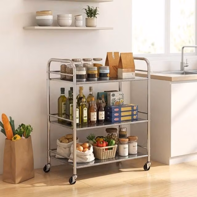 STILVORA Metal Storage Trolley with Adjustable Shelves in Silver, H 77 x W 60 x D 35 cm – 1