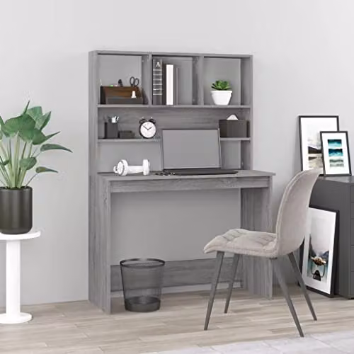 vidaXL Modern Computer Desk with Shelves in Grey Sonoma, W: 102 cm, D: 45 cm, H: 148 cm – 2