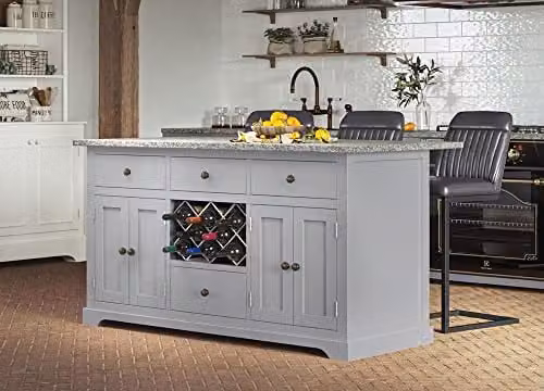 Baumhaus Grey Lacquered Kitchen Island with Grey Granite Worktop, W/D/H: 150 x 60 x 84.5 cm