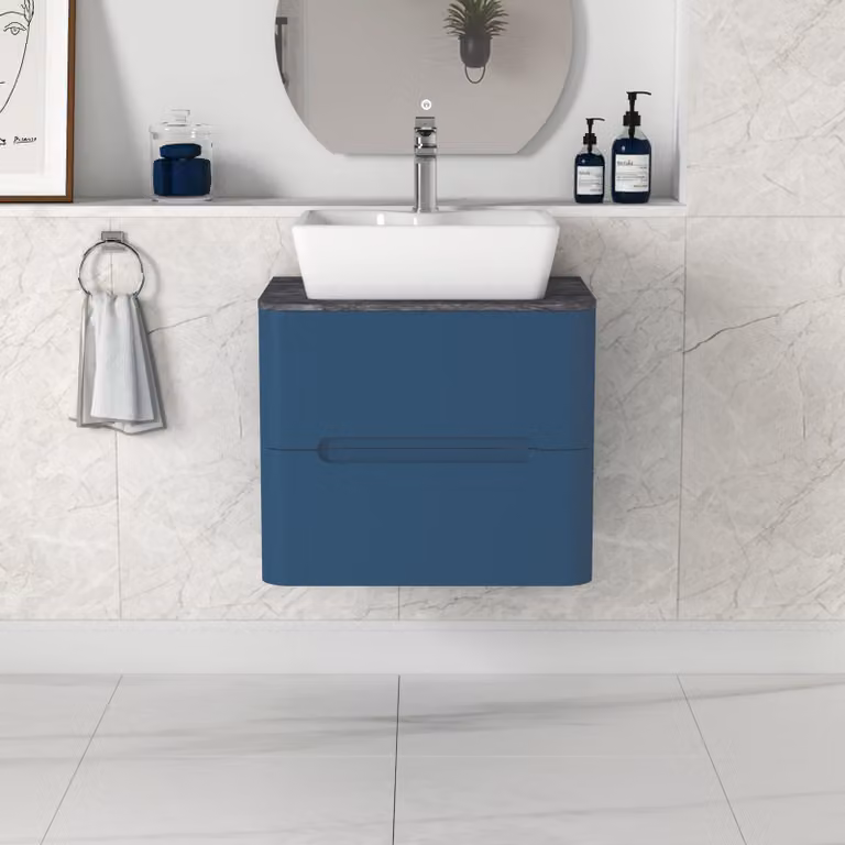 Royal Bathrooms Venice Wall Hung Vanity Unit with 2 Drawers and Black Star Worktop, Midnight Blue, W: 60 cm