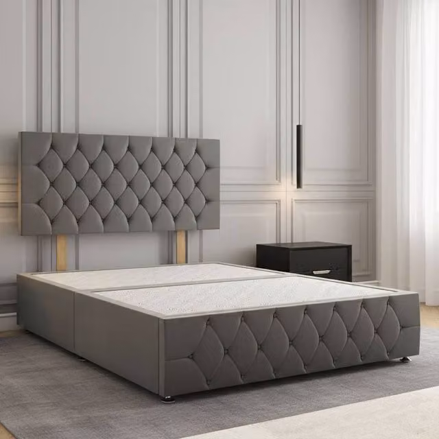 Regional Furnishings Super King Divan Bed with 24 inch Plush Velvet Headboard and Footboard in Grey, W: 200 cm x D: 200 cm