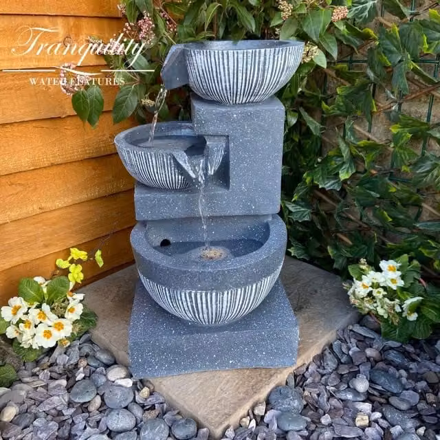 Tranquility 3 Bowl Cascade Mains Powered Water Feature in Antique Grey Stone