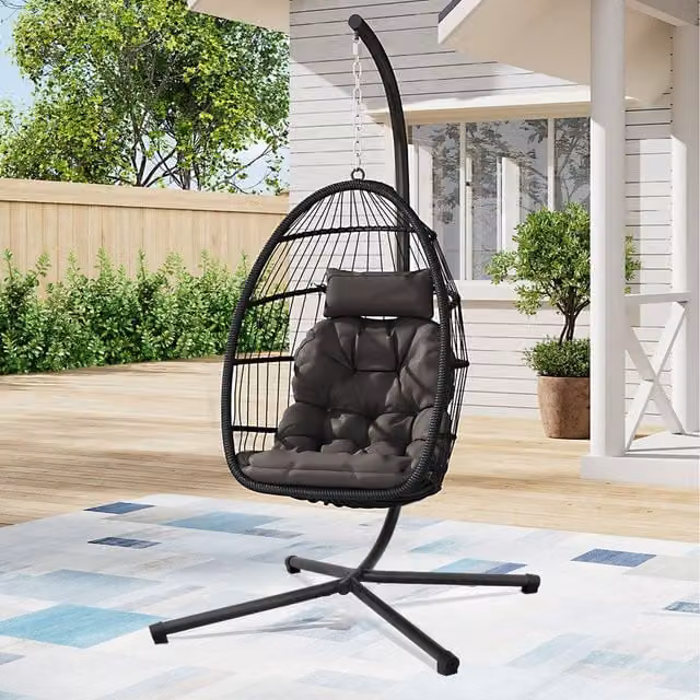 Livingandhome Modern Black Rattan Garden Hanging Egg Chair with Soft Cushion