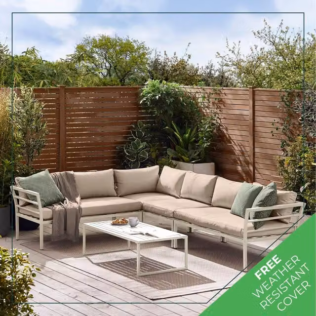 Furniturebox Montenegro 6-Seater Metal Outdoor Sofa Set with Corner Sofa and Table in Grey and White