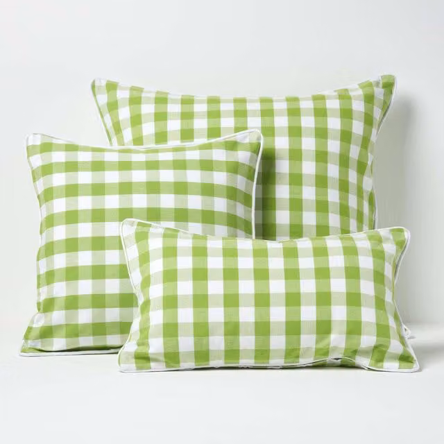 Homescapes Green Checked Cotton Gingham Rectangular Cushion Cover W/D/H: 60 x 60 cm