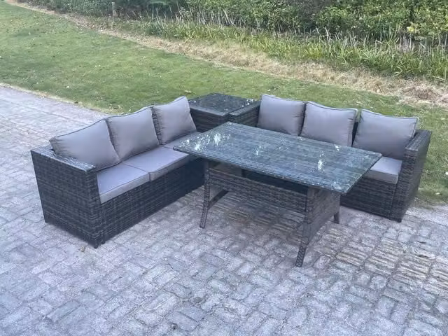 Fimous 6 Seater PE Wicker Rattan Garden Furniture Set with Rectangular Dining Table and Side Table in Dark Grey