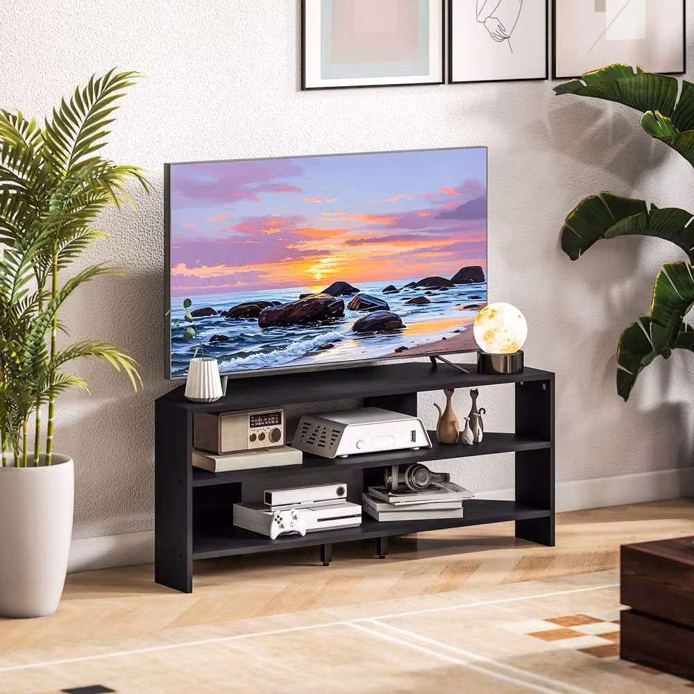 STILVORA Modern Black Wood Corner TV Stand with Media Compartments – 7