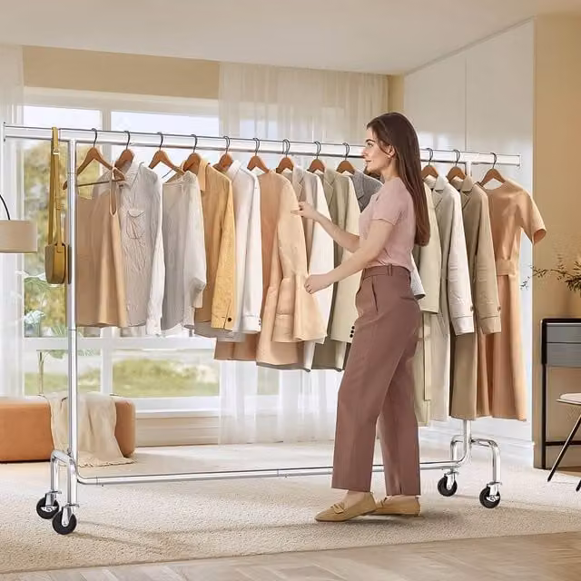 SONGMICS Heavy-Duty Clothes Rack on Wheels with Metal Rail, Silver, H: 162.9 cm x W: 110.0 cm x D: 45.0 cm