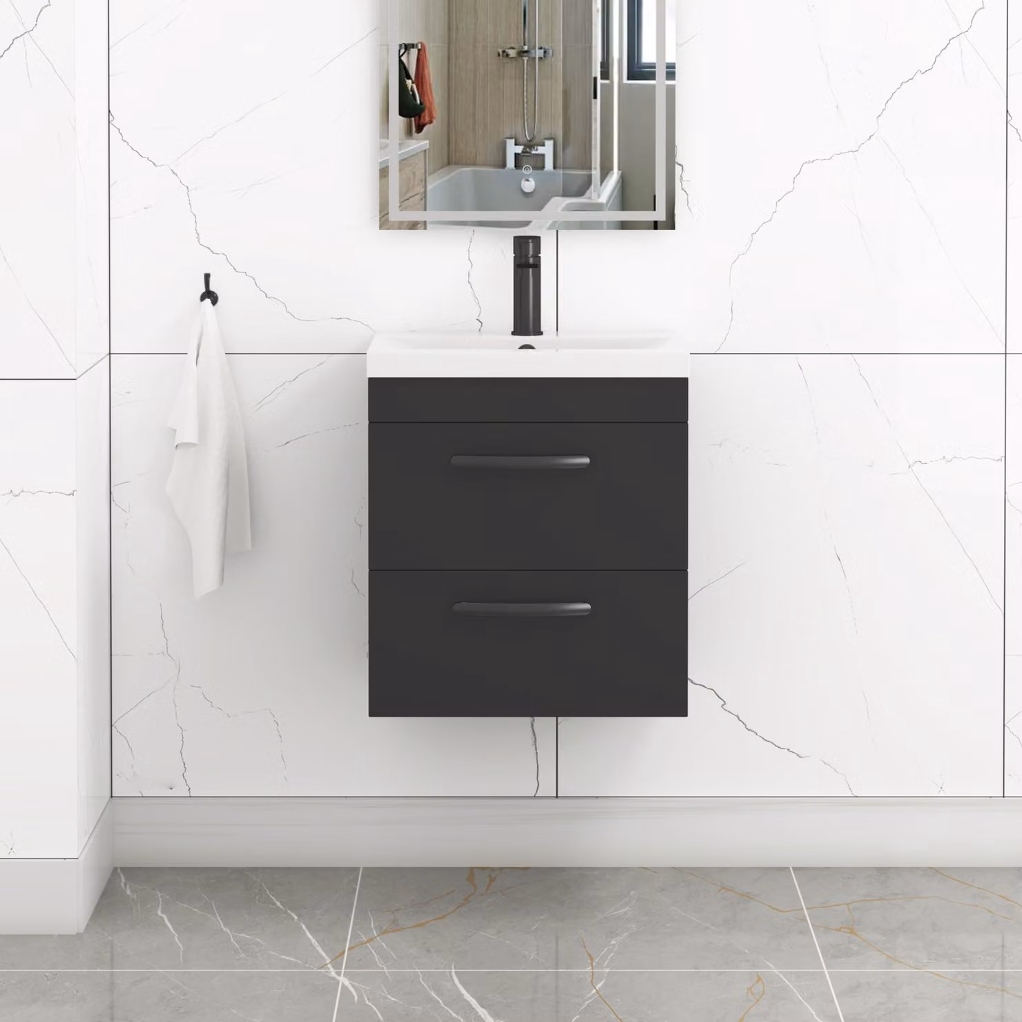 Royal Bathrooms Turin Wall Hung Vanity Unit with 2 Drawers and Mid-Edge Basin, Matt Black