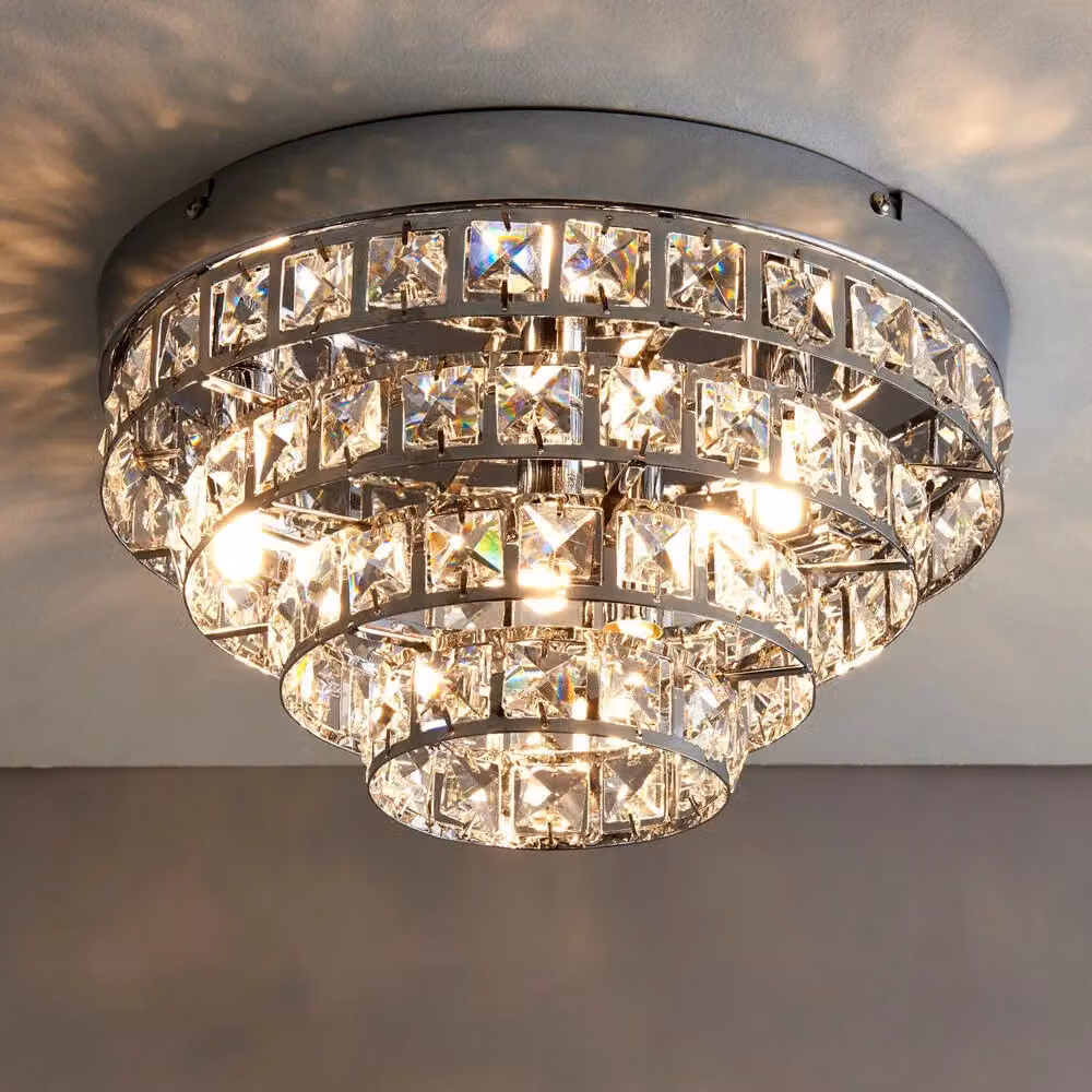 Loops Round Semi Flush Ceiling Light in Chrome and Crystal with 4 Bulb Holder Kit – 2
