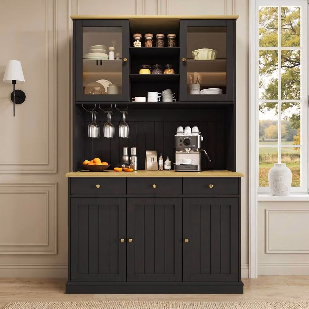Matteo Black Tall Kitchen Cabinet with Glass Doors and Internal Shelves, W/D/H: 120 x 40 x 191 cm – 2