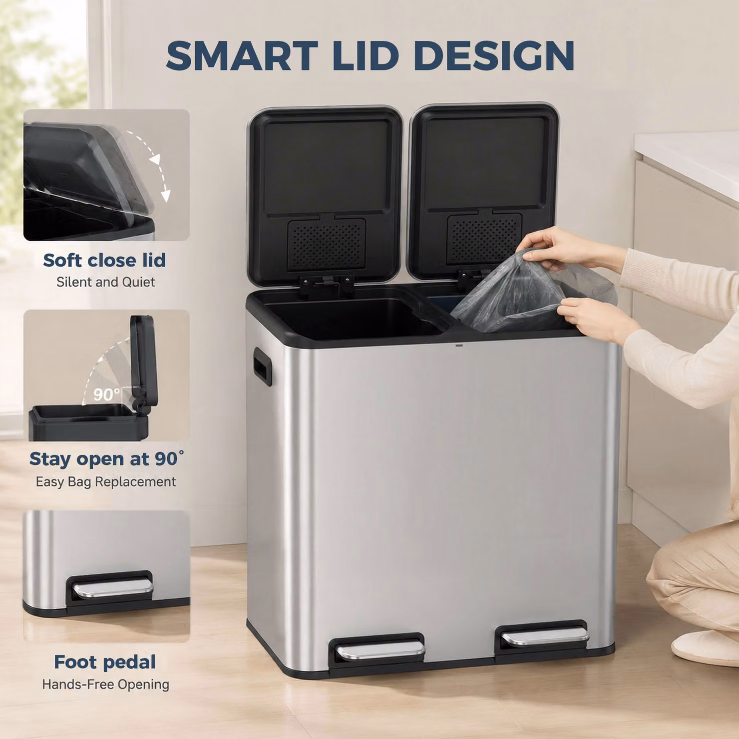 HOMCOM Double Kitchen Bin with Dual 20L Compartments, Stainless Steel Pedal Rubbish Bin with Soft Close Lids and Odour Filter, Silver Tone – 5