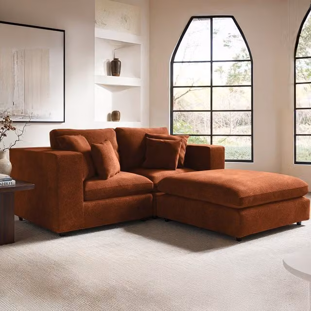 SolaceCo Asher L-Shape 3 Seater Sofa with Matching Ottoman and Scatter Cushions in Orange Velvet Fabric