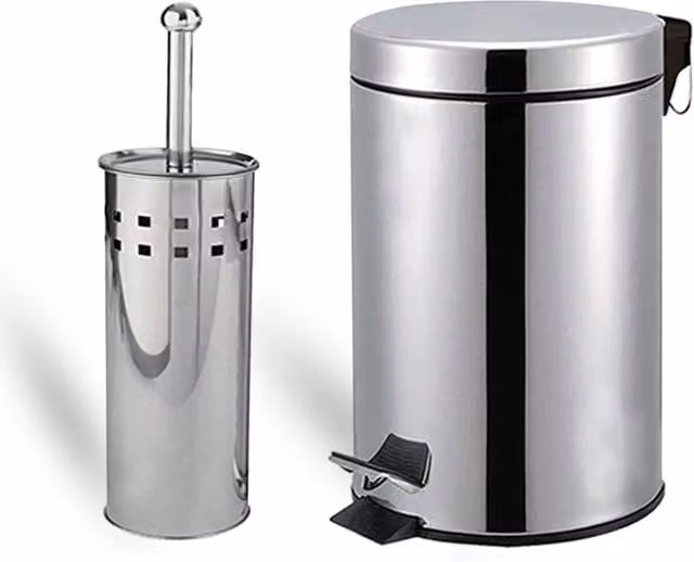 NESTLUNE Silver 3 Litre Stainless Steel Pedal Bin and Matching Toilet Brush Set – 1