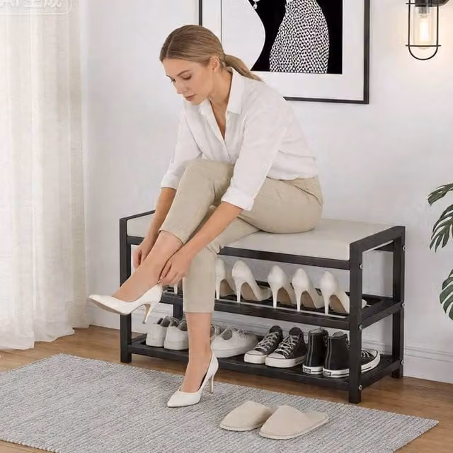 FLAVORA Black Metal Shoe Bench Stool and Storage Rack