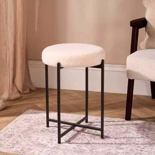 OHS Modern Round Boucle Upholstered Vanity Stool with Metal Legs in Beige