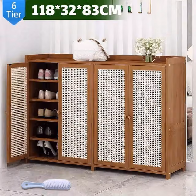 FORGEVIO 6 Tier Bamboo Shoe Cabinet with Rattan Doors in Natural Brown and Beige