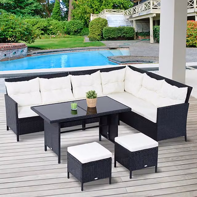 Outsunny 6 Piece L-Shape Rattan Garden Furniture Set with Ottoman and Coffee Table, Black and Grey – 12