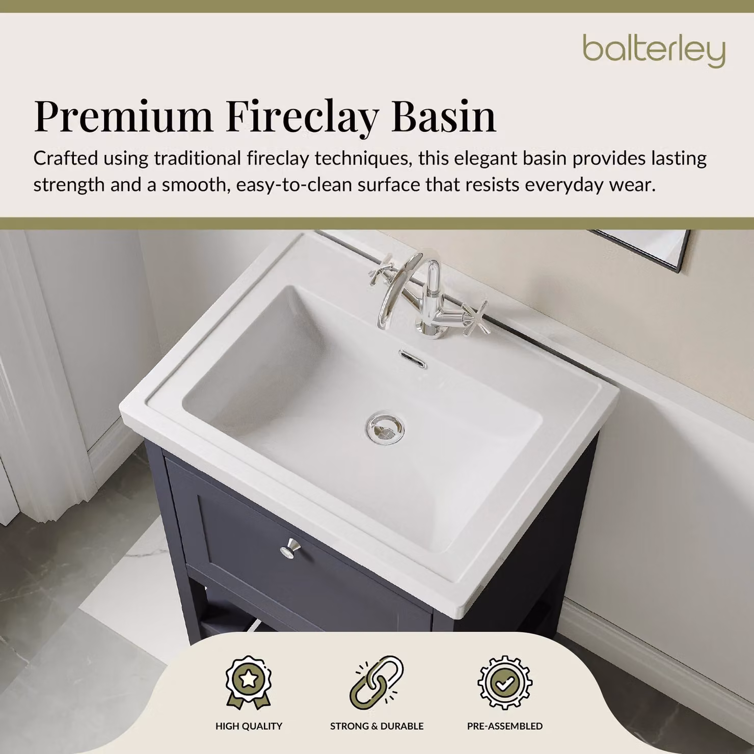 Balterley Blue 1 Drawer Bathroom Floor Vanity with 1 Tap Hole Fireclay Basin – 3