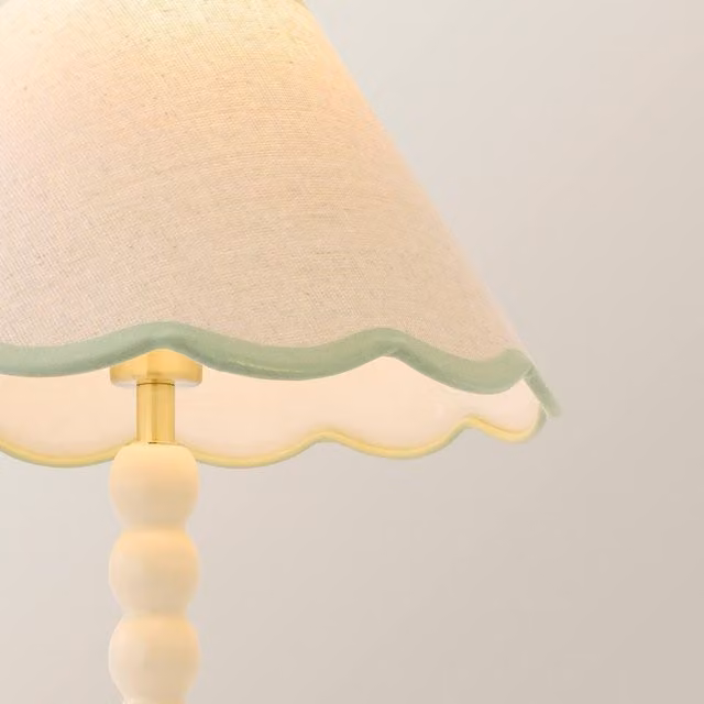 ValueLights Bobbin Table Lamp with Green Trim Linen Shade in Cream and Green