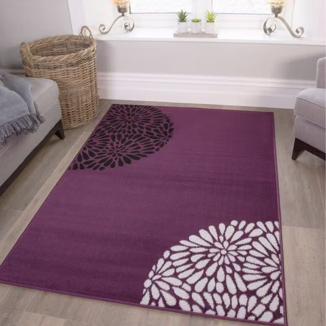 The Rug House Modern Floral Living Room Rug in Purple and Black, W: 230 cm, D: 160 cm