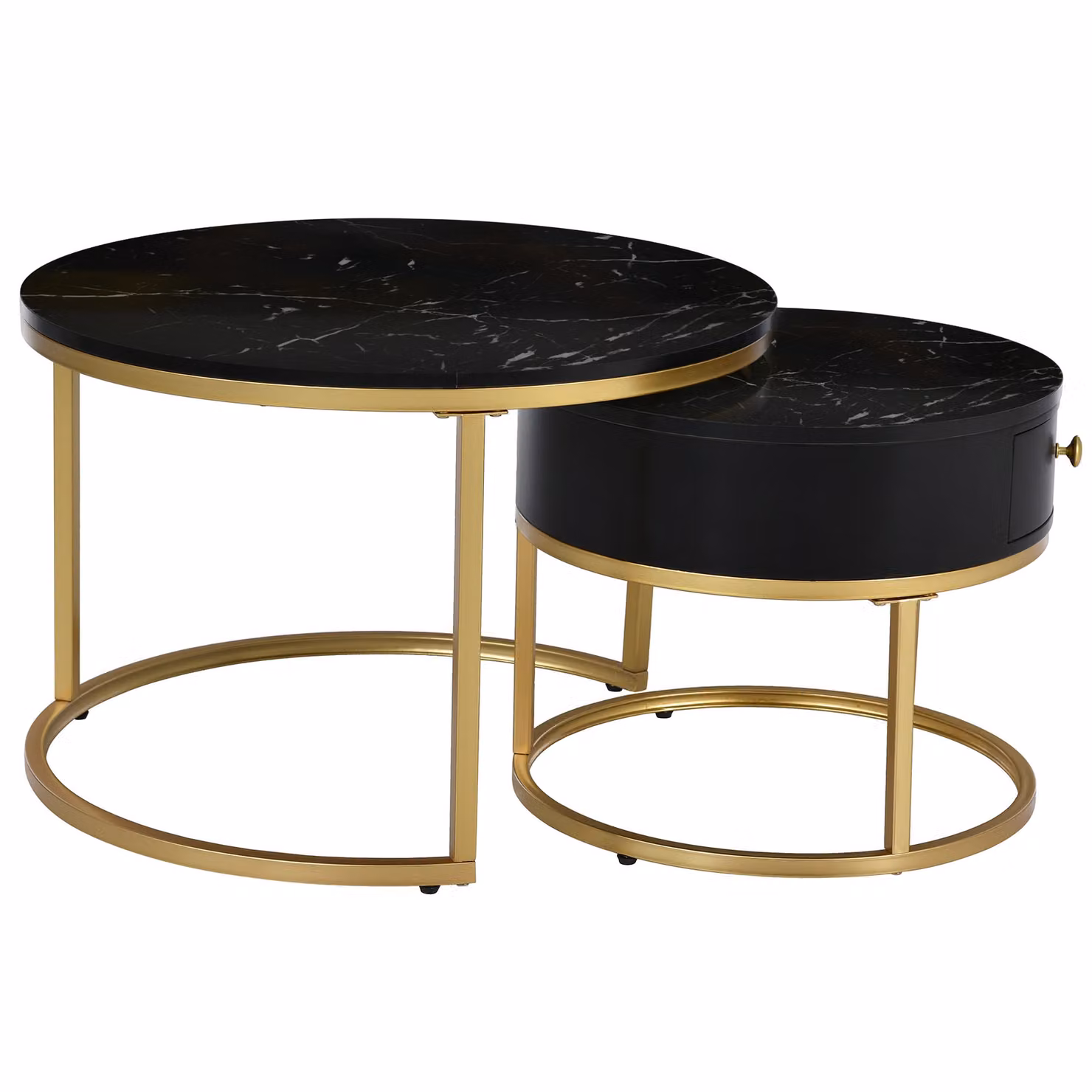 Aosom.UK Round Nesting Coffee Tables with Storage Drawer, Black Marble Top and Gold Metal Frame – 2