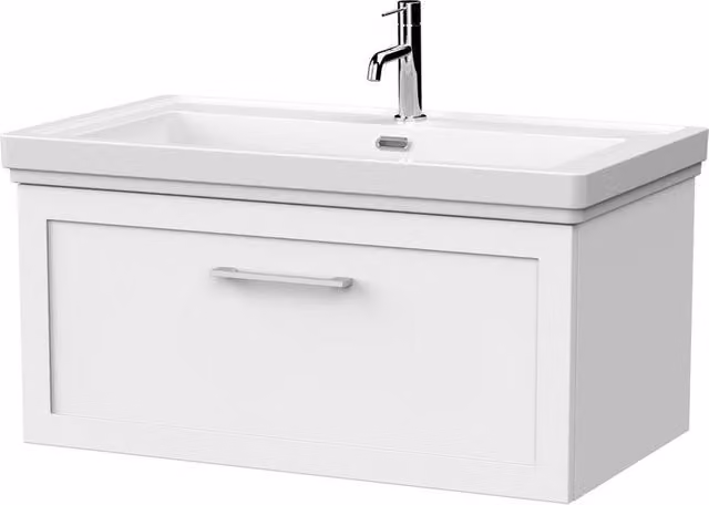 Balterley Stonnall Wall Mounted 1 Drawer Vanity Unit and Fireclay Basin in Matt White, Width: 80 cm – 1