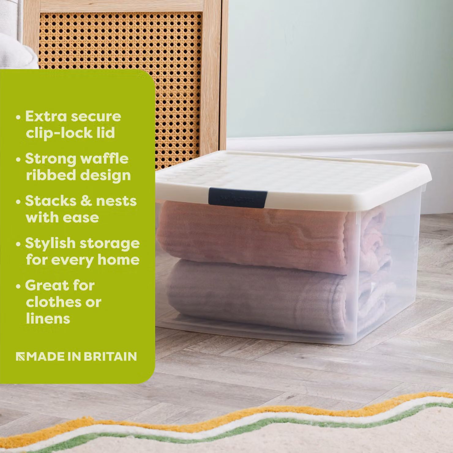 Wham Set of 3 Stackable Plastic Storage Boxes with Lids, Beige and Transparent, 25.5L each, W/D/H: 39.5 x 22.5 x 39.5 cm – 2