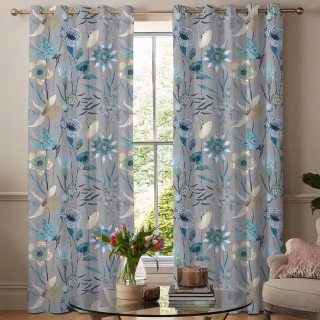 Voyage Maison Oceania Made to Measure Blackout Floral Fabric Panel Curtain in Mineral Blue and Grey