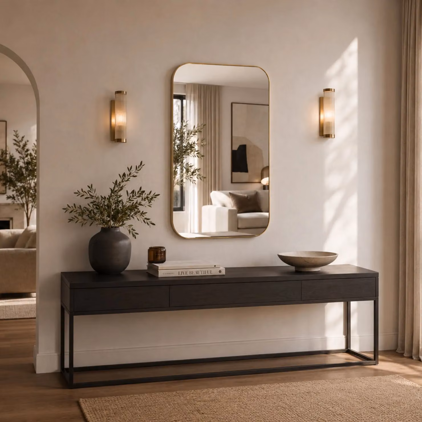 Yearn Mirrors Minimalist Curved Rectangular Hanging Mirror in Gold, W: 90 cm, H: 60 cm – 3