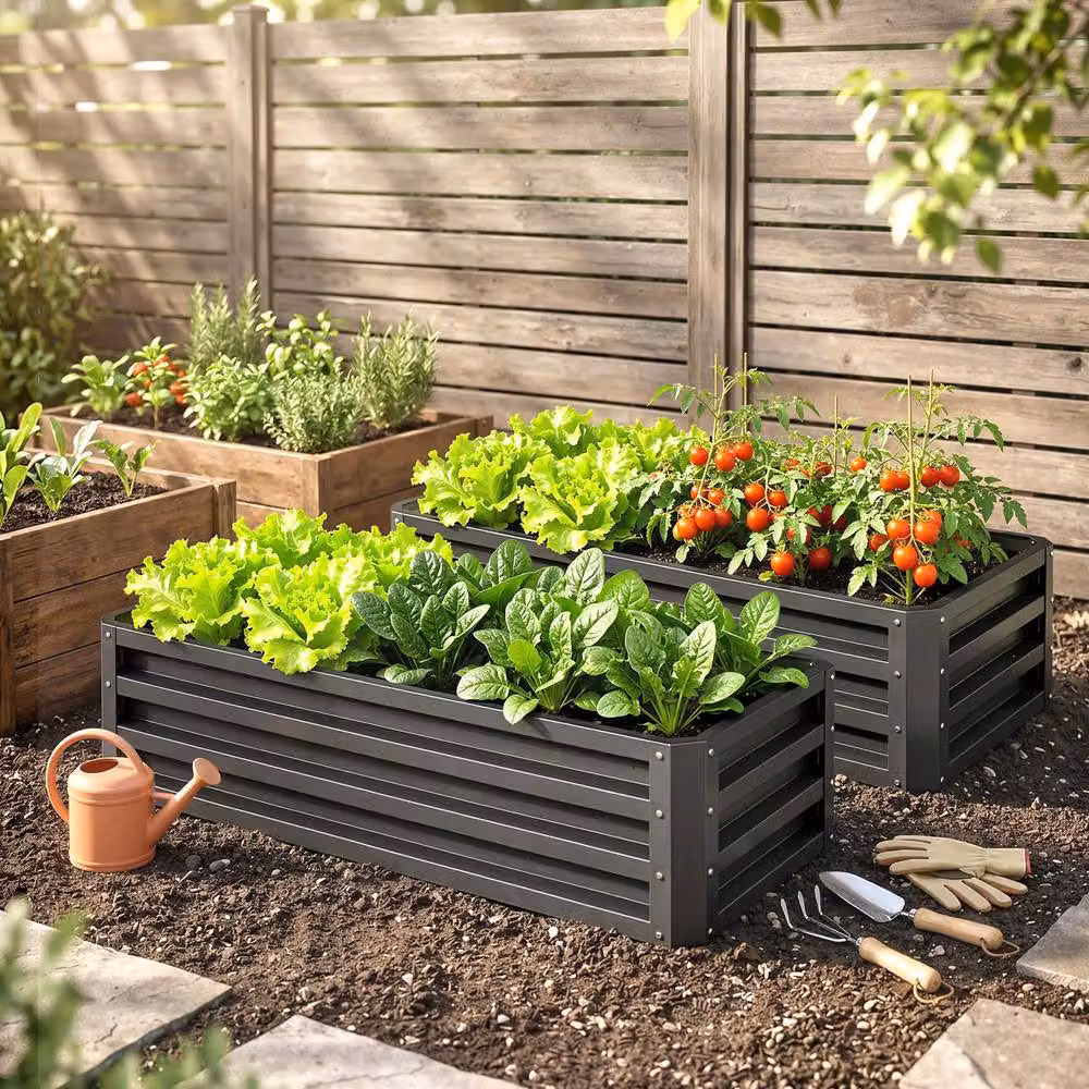 STILVORA Set of 2 Steel Garden Planter Boxes, Grey, W: 110 cm x D: 45 cm x H: 30 cm – 2