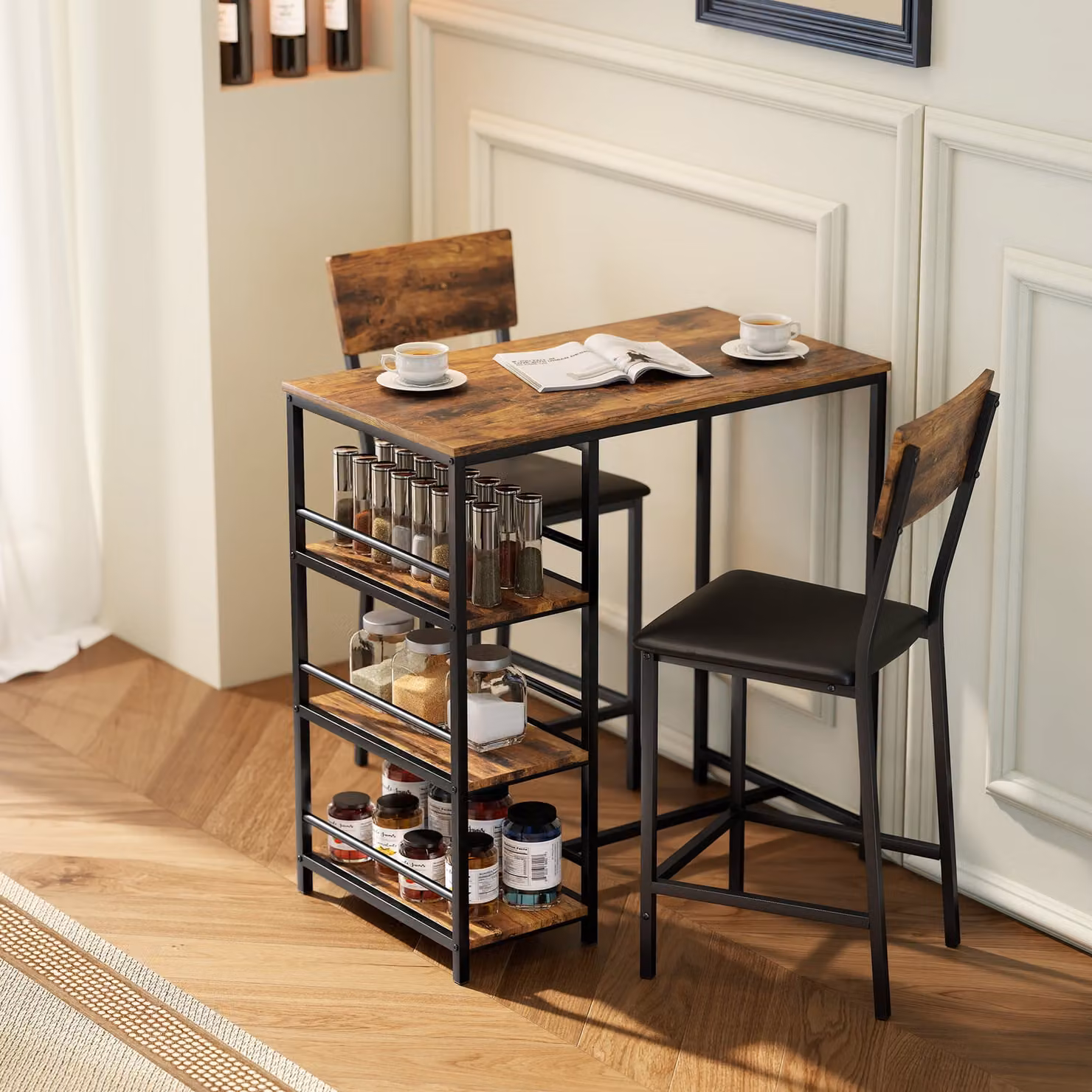 HOMCOM Three-Piece Industrial Bar Table Set with Three Chairs in Brown and Black – 2