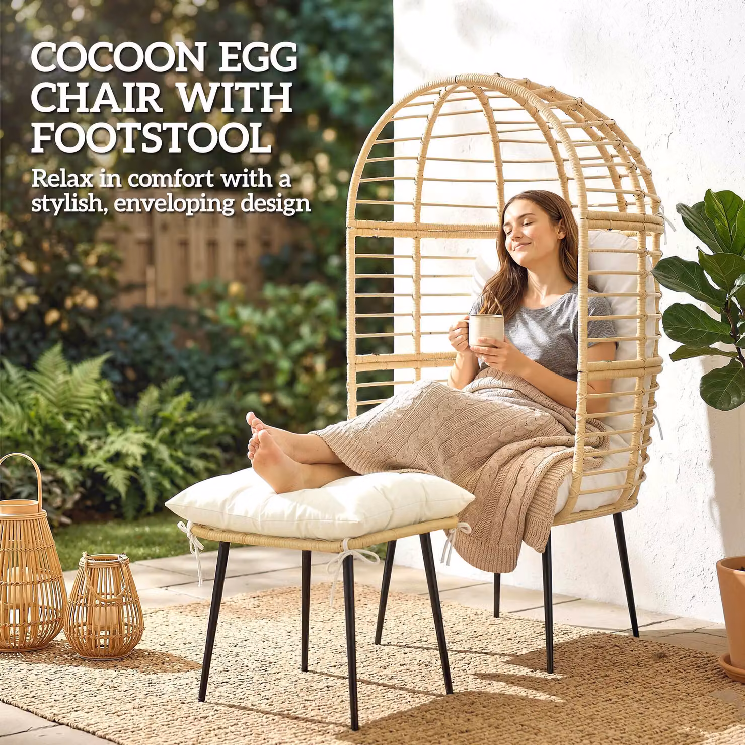 Outsunny Rattan Egg Chair and Ottoman Set with Thick Cushions in Beige – 3