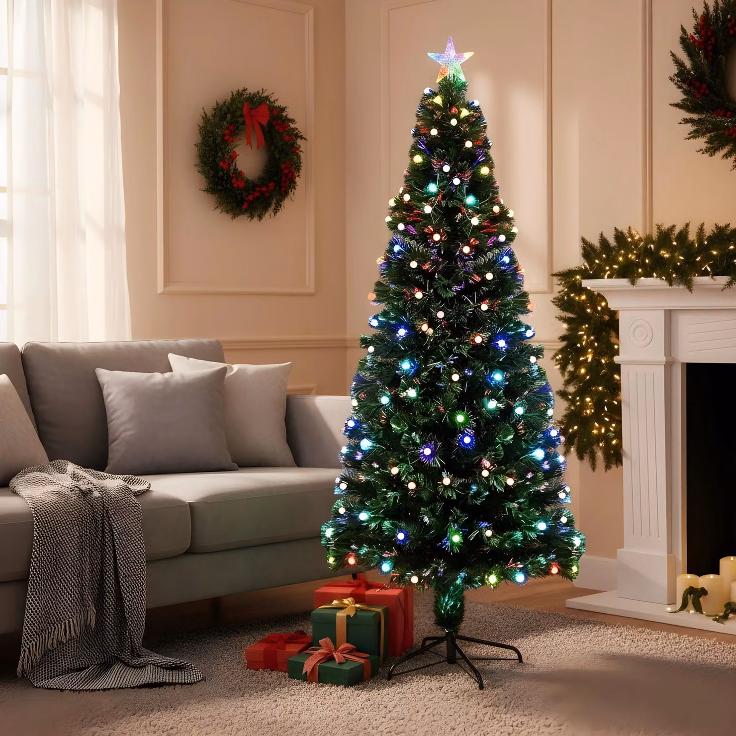 Shatchi Berries Balls Fibre Optic LED Pre-Lit Christmas Tree in Green with Multicolour Lights, Height: 120 cm – 5