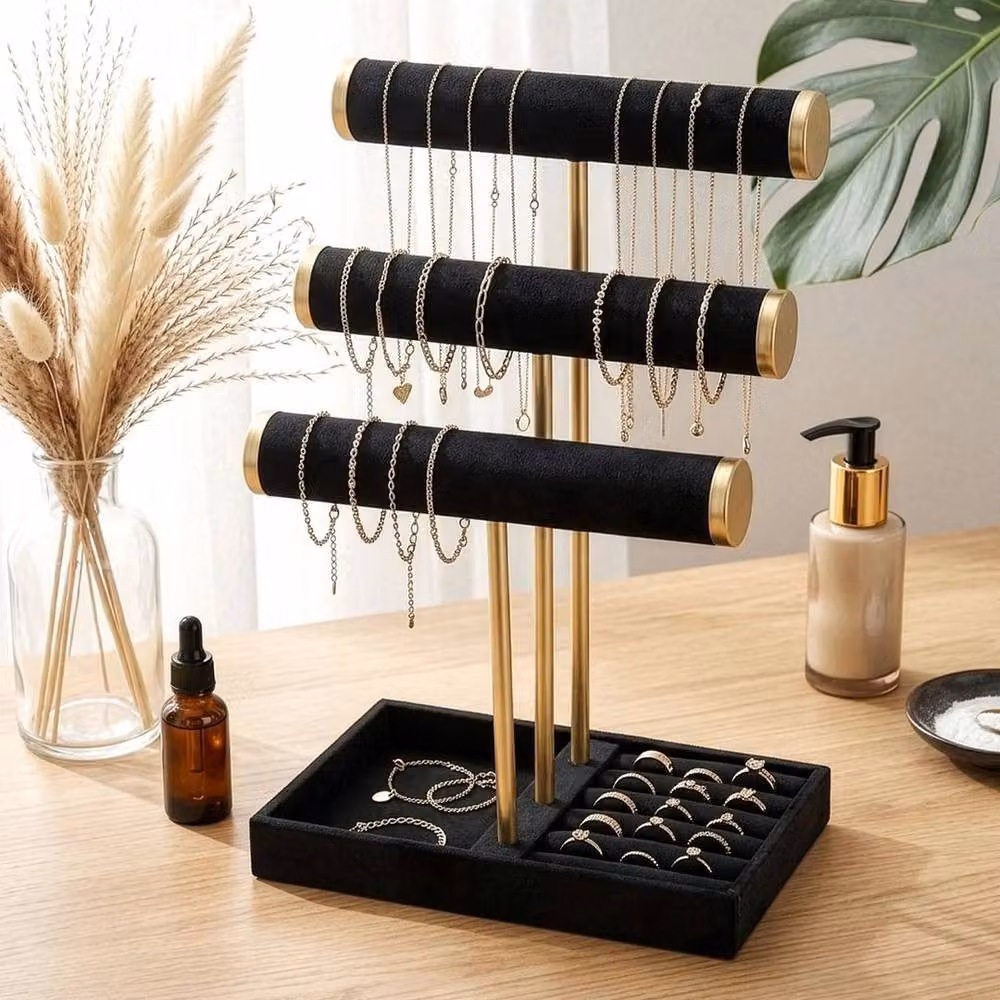 Kelvenix Black and Gold 3-Tier Jewelry Stand with Tray and Bracelet T-Bar – 4
