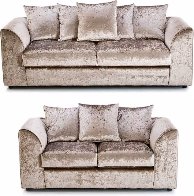 Furnishings For Less UK Crystal Crushed Velvet 3 and 2 Seater Sofa Set in Beige with Scatter Cushions and Curved Arms