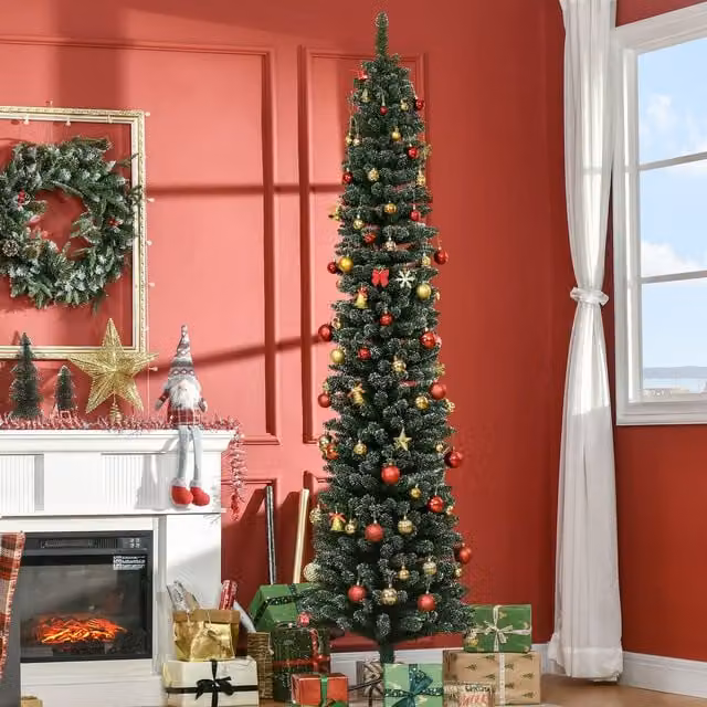 HOMCOM 7.5ft Artificial Snow Dipped Christmas Pencil Tree in Green – 1