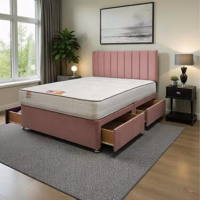 Knight Sleep Paris Plush Superking Bed Set with Mattress and 4 Drawers in Pink