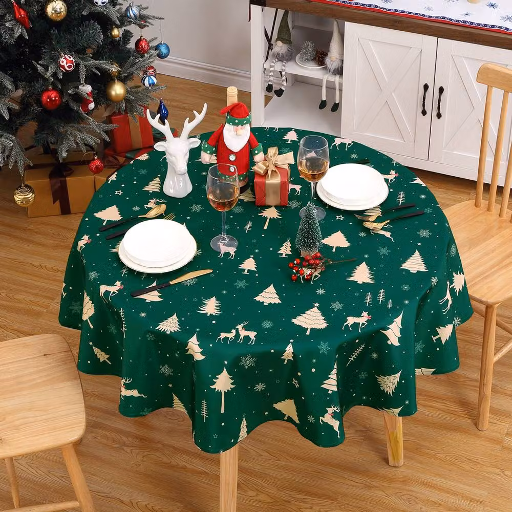 London Boutique Round Christmas Tablecloth in Green and Gold, Waterproof and Washable, Diameter: 152.4 cm – 7