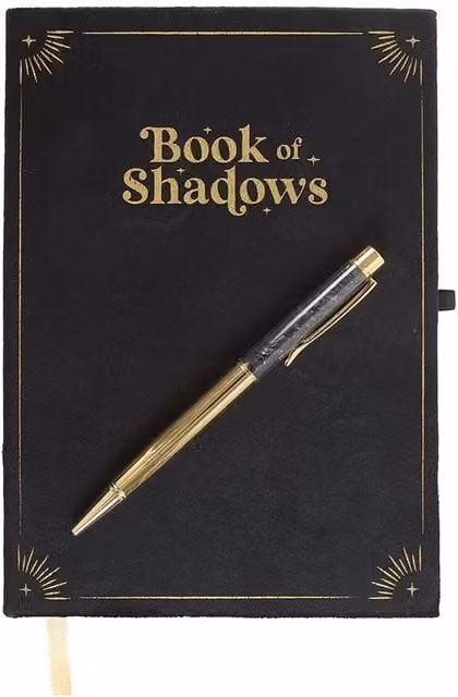 Kingsbury Gifts Book of Shadows A5 Lined Hardcover Journal Notebook and Crystal Pen Set in Green, Gold and Black